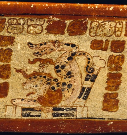 Maya-trained-pet-jaguar-hieroglyphs-Classic-Mayan-Kings-Courts--Dicky-Billy-Mata-Museo-Popol-Vuh-polychrome-vase-rollout-PSS