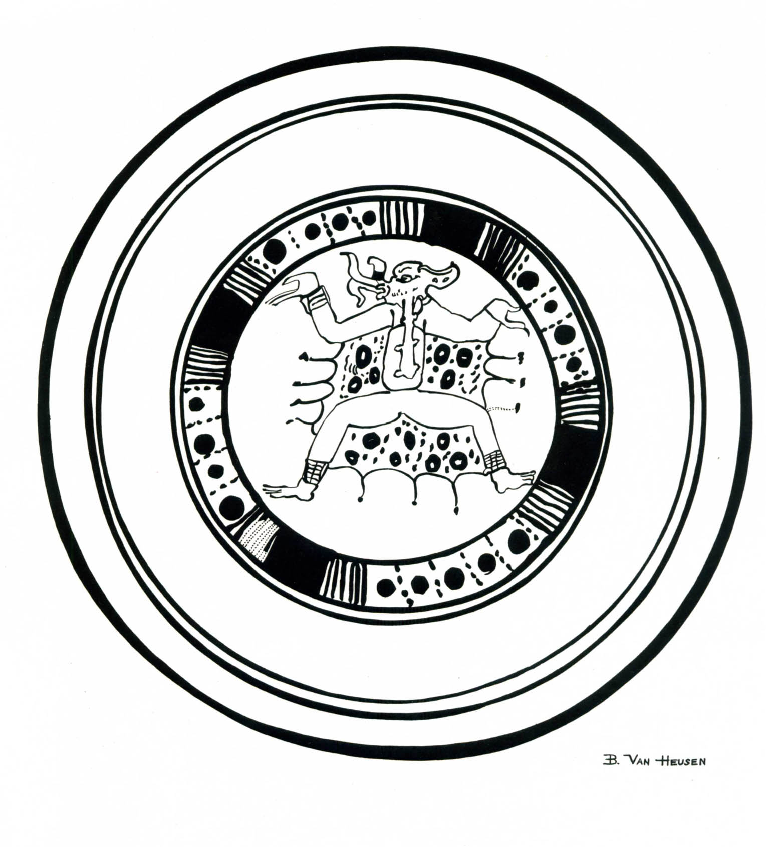 Tepeu (Late Classic) Maya polychrome ceramic plate, Bat polychrome drawing  by Barbara Van Heusen, Copyright FLAAR Mesoamerica