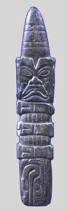 olmec face on a dark stone scepter. Museo Pellicer, Villahermosa, Tabasco, Mexico maya-archaeology